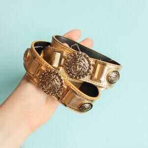 Vintage 90s Gold Faux Leather Gold Metal Head Whimsical Decorative Belt One Size